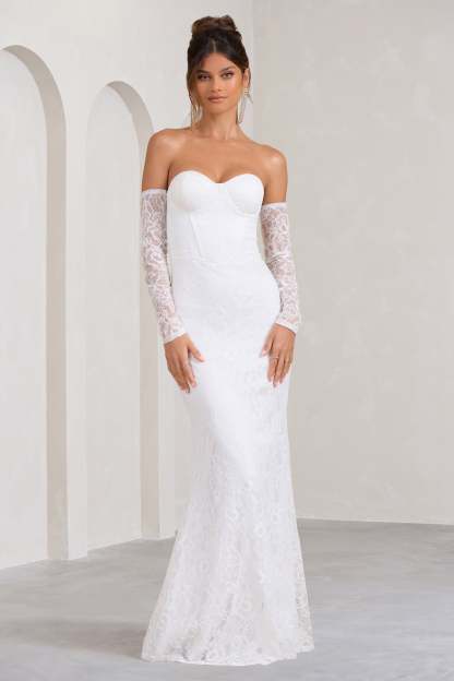 Aniyah White Lace Bandeau Neckline Corset Fishtail Maxi Dress With Sheer Sleeves-Fashionmomo.All Rights Reserved
