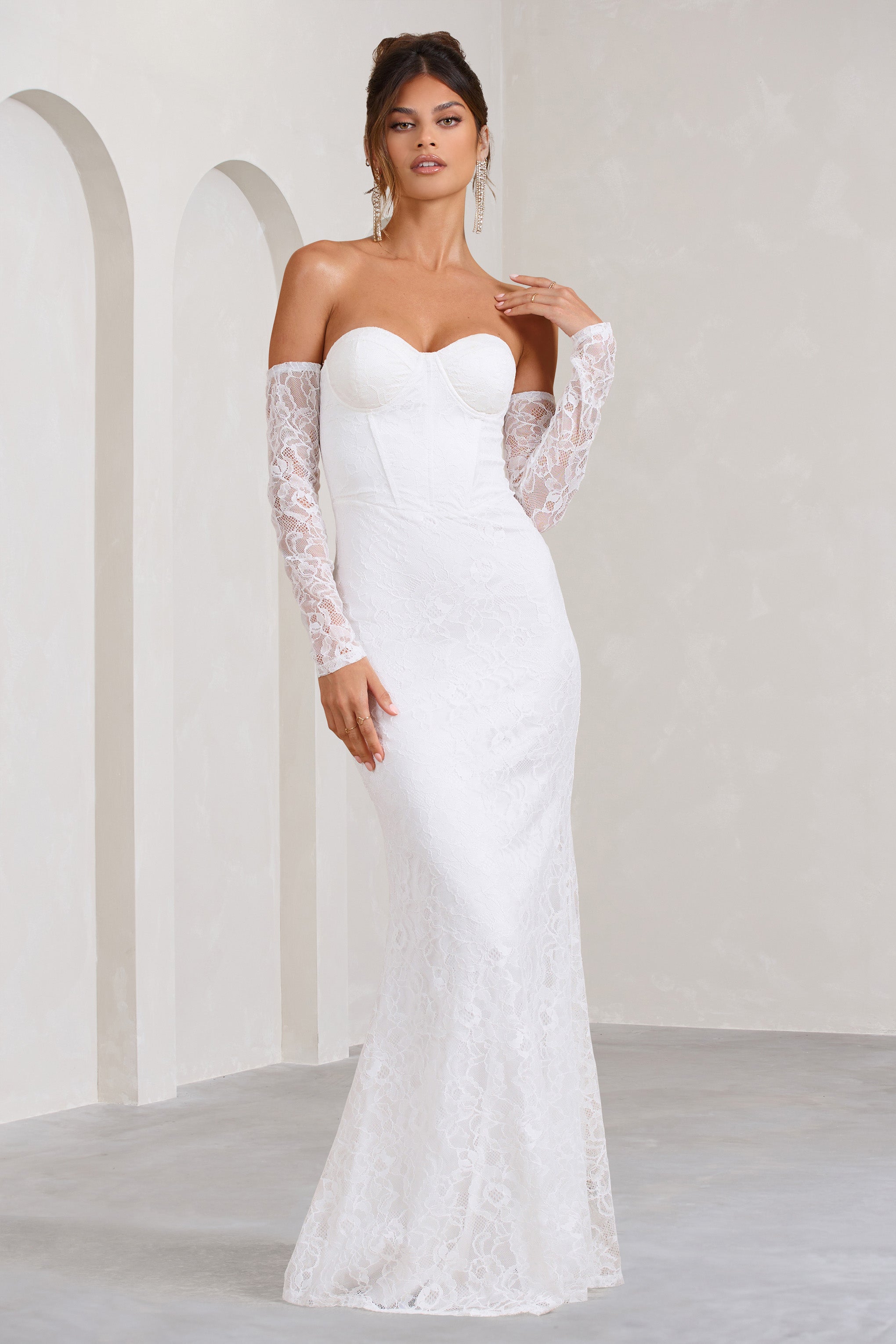 Aniyah White Lace Bandeau Neckline Corset Fishtail Maxi Dress With Sheer Sleeves-Fashionmomo.All Rights Reserved