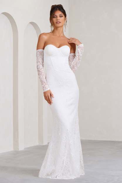 Aniyah White Lace Bandeau Neckline Corset Fishtail Maxi Dress With Sheer Sleeves-Fashionmomo.All Rights Reserved