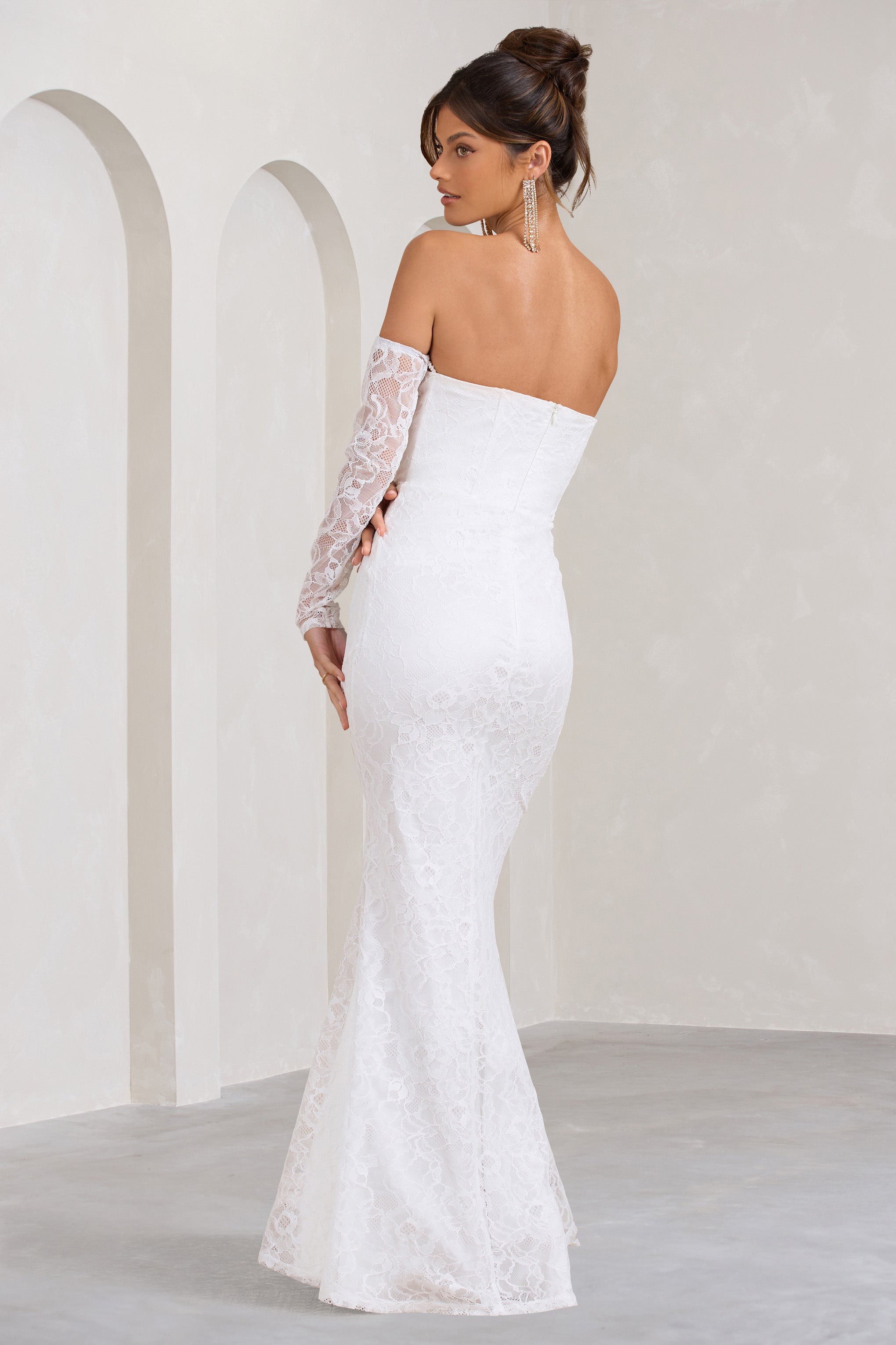 Aniyah White Lace Bandeau Neckline Corset Fishtail Maxi Dress With Sheer Sleeves-Fashionmomo.All Rights Reserved