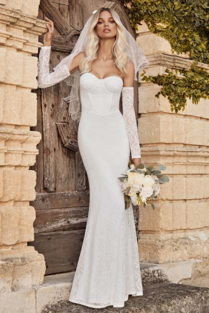 Aniyah White Lace Bandeau Neckline Corset Fishtail Maxi Dress With Sheer Sleeves-Fashionmomo.All Rights Reserved