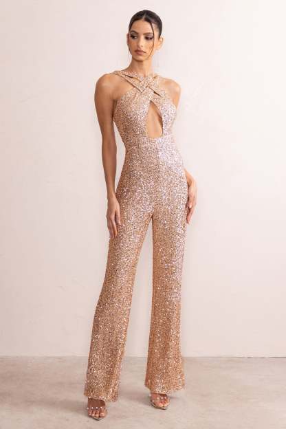 Audrey Champagne Sequin Cross Front Flared Leg Jumpsuit With Keyhole Detail-Fashionmomo.All Rights Reserved