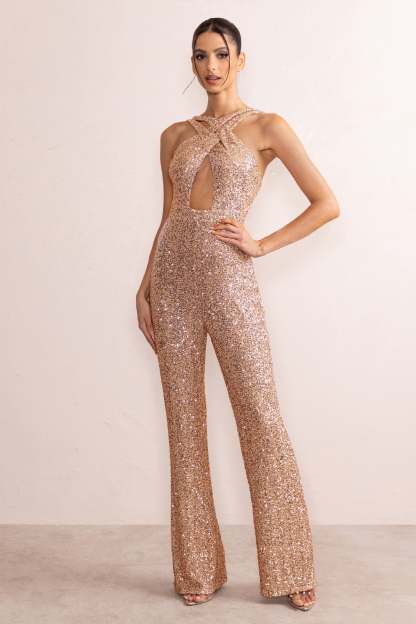 Audrey Champagne Sequin Cross Front Flared Leg Jumpsuit With Keyhole Detail-Fashionmomo.All Rights Reserved