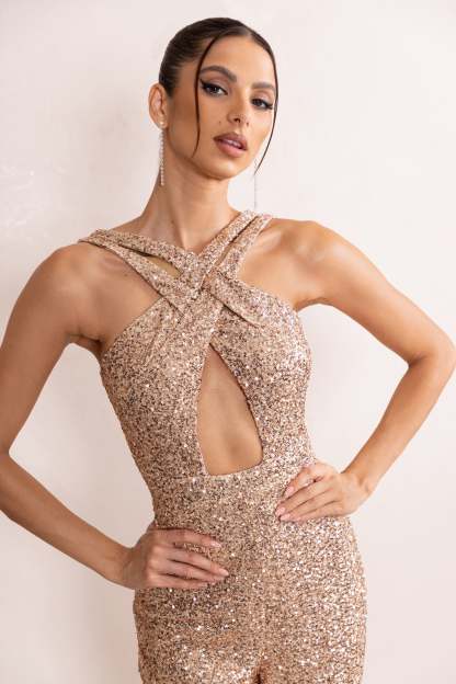 Audrey Champagne Sequin Cross Front Flared Leg Jumpsuit With Keyhole Detail-Fashionmomo.All Rights Reserved