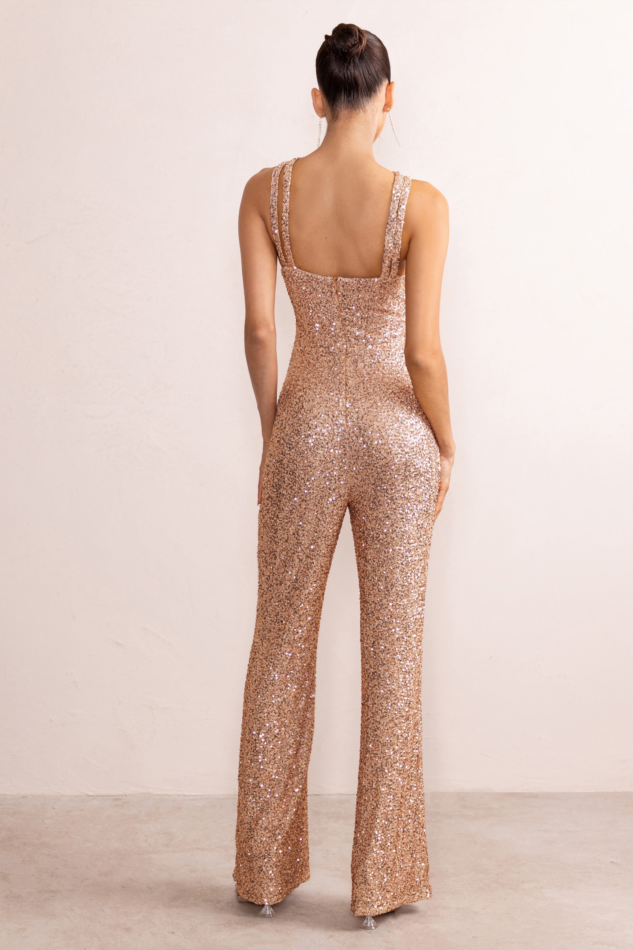Audrey Champagne Sequin Cross Front Flared Leg Jumpsuit With Keyhole Detail-Fashionmomo.All Rights Reserved