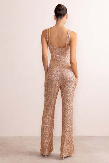 Audrey Champagne Sequin Cross Front Flared Leg Jumpsuit With Keyhole Detail-Fashionmomo.All Rights Reserved