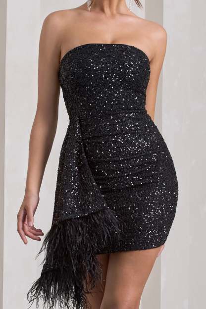 Harper Black Sequin Bandeau Mini Dress With Feather Trim Drape-Fashionmomo.All Rights Reserved