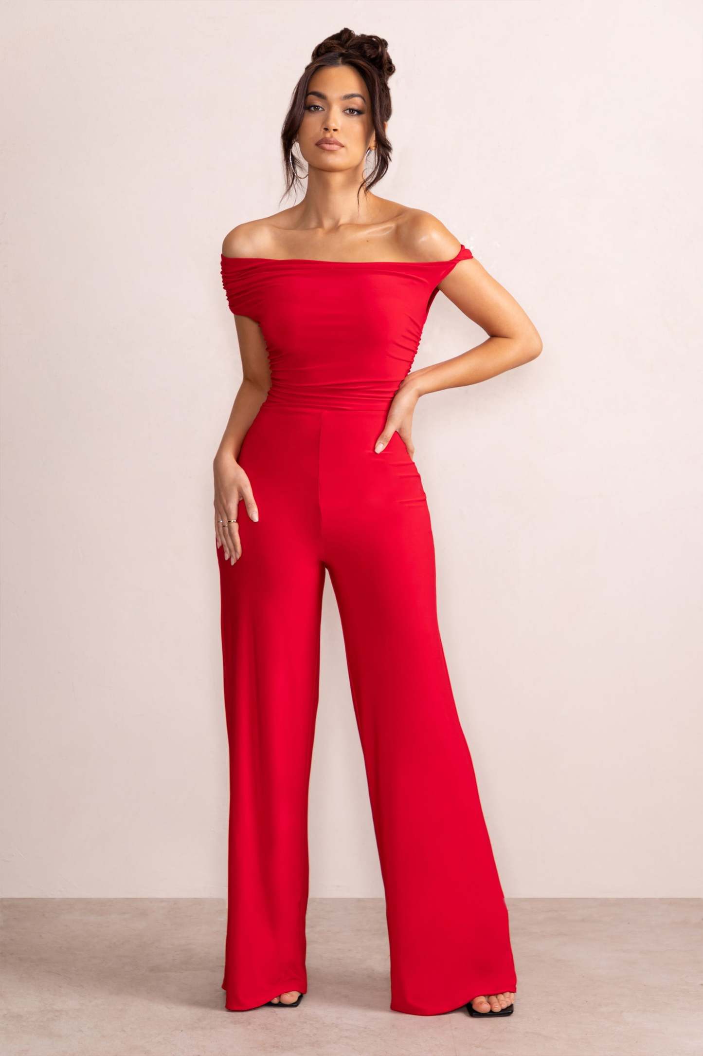 Avery Red Asymmetric Bardot Ruched Jumpsuit With Wide Leg-Fashionmomo.All Rights Reserved