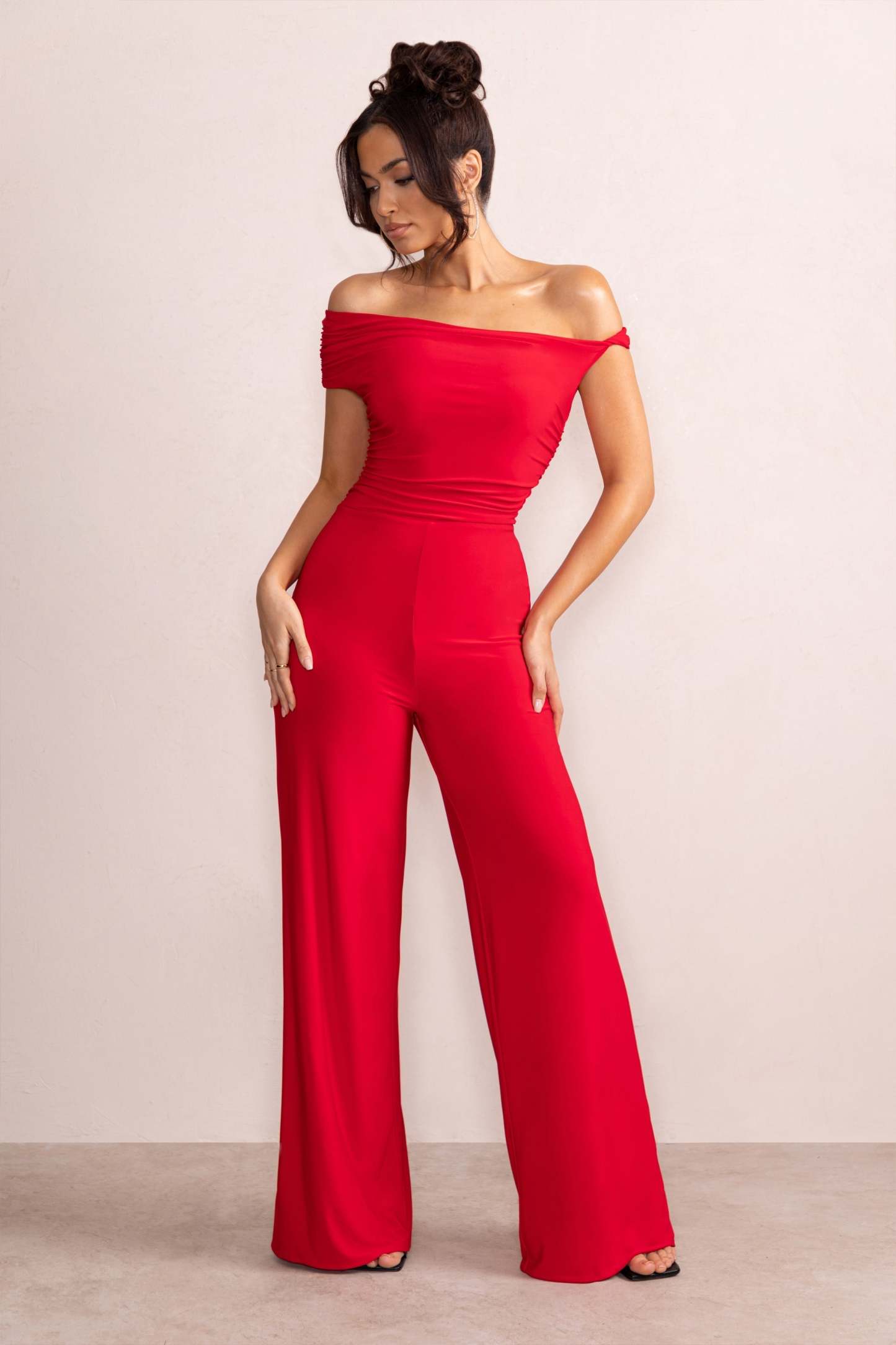 Avery Red Asymmetric Bardot Ruched Jumpsuit With Wide Leg-Fashionmomo.All Rights Reserved