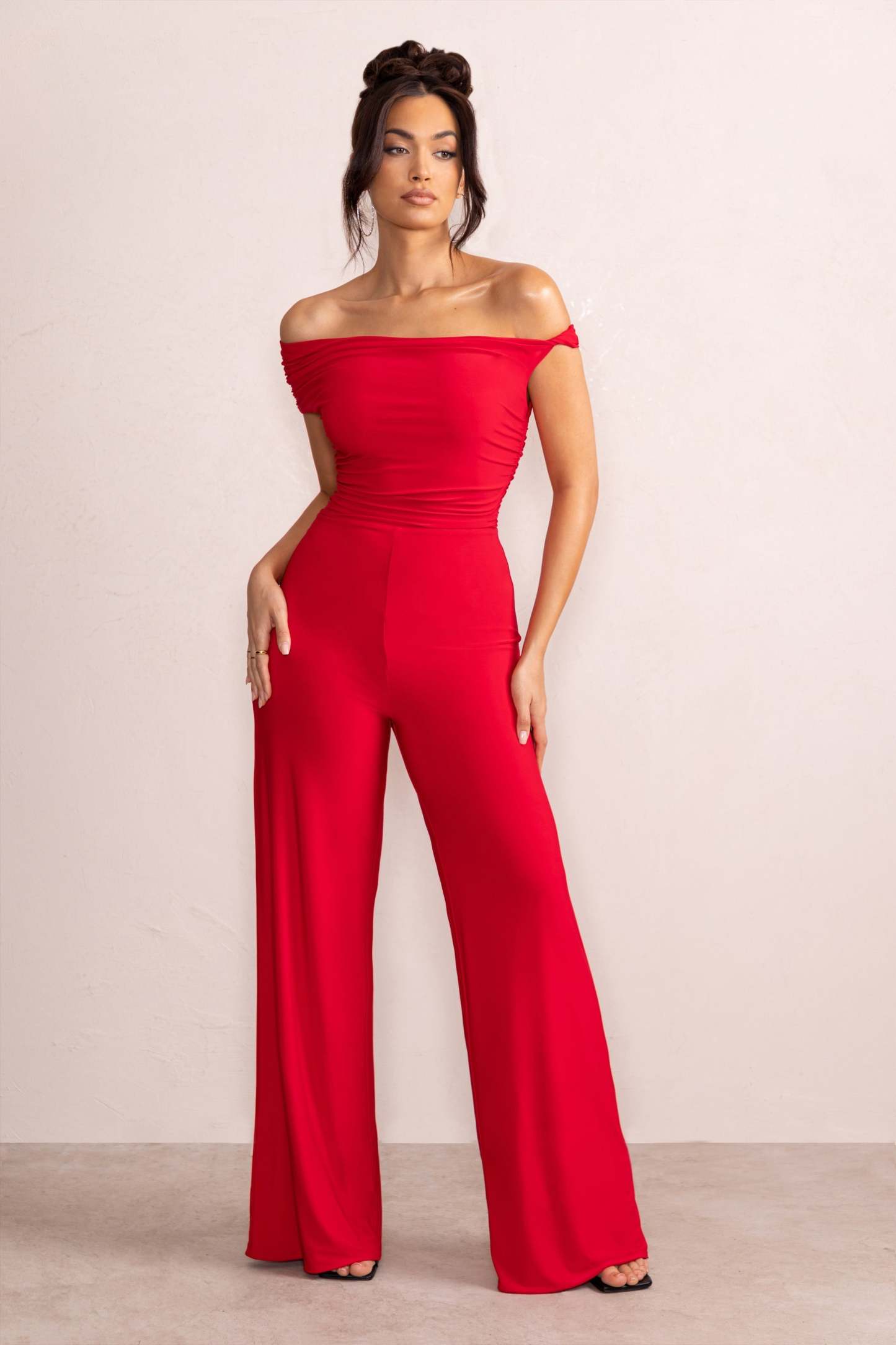 Avery Red Asymmetric Bardot Ruched Jumpsuit With Wide Leg-Fashionmomo.All Rights Reserved