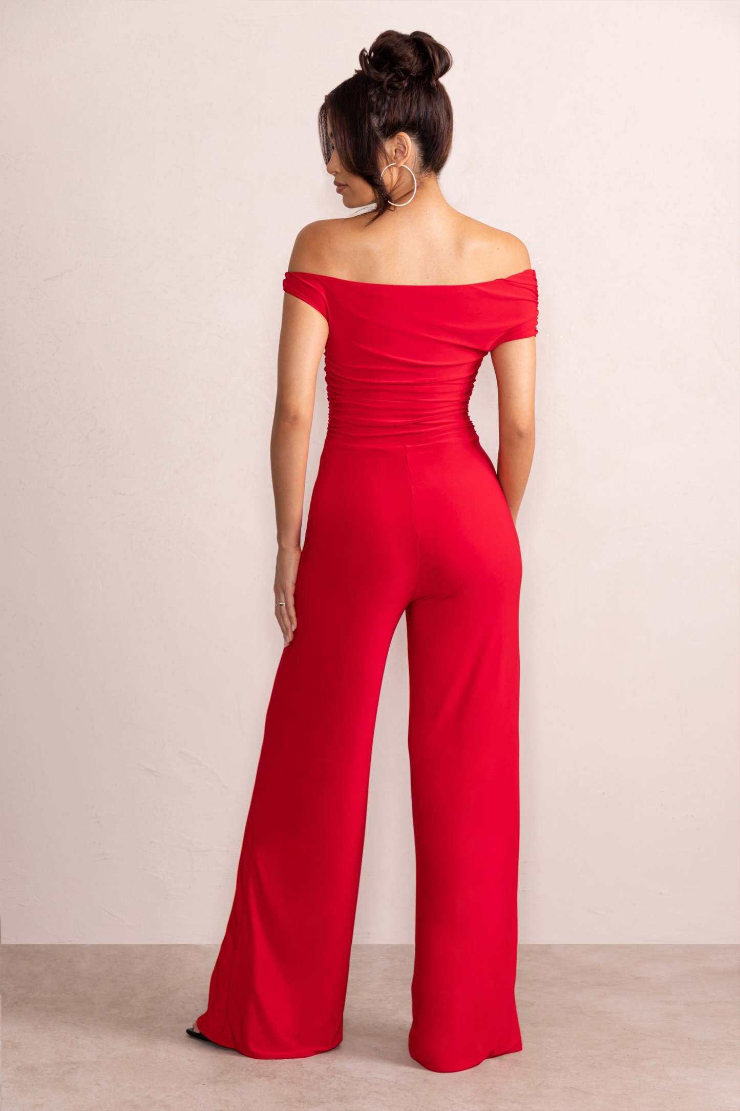 Avery Red Asymmetric Bardot Ruched Jumpsuit With Wide Leg-Fashionmomo.All Rights Reserved