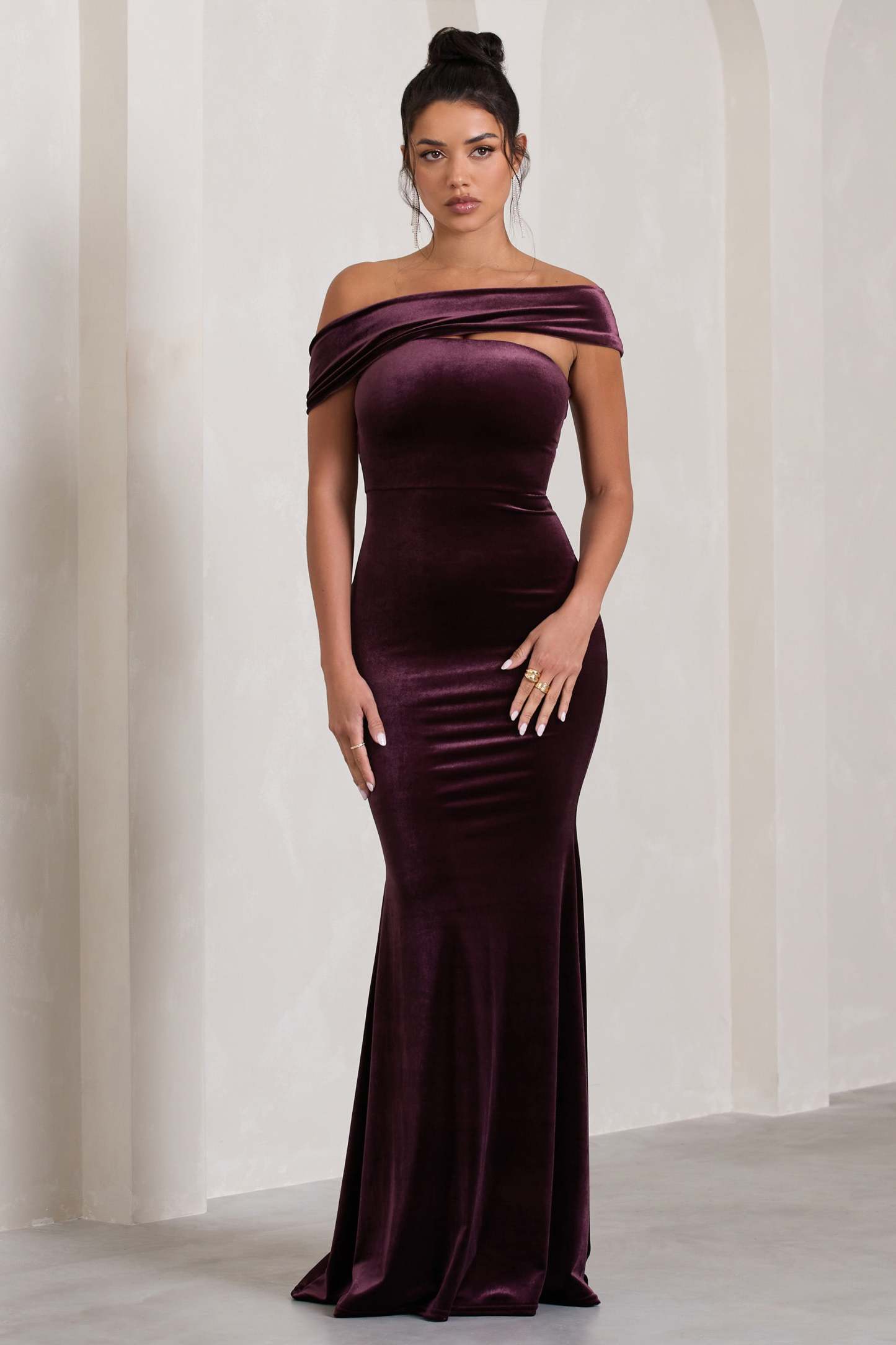 Candela Port Velvet Asymmetric Bardot Maxi Dress-Fashionmomo.All Rights Reserved