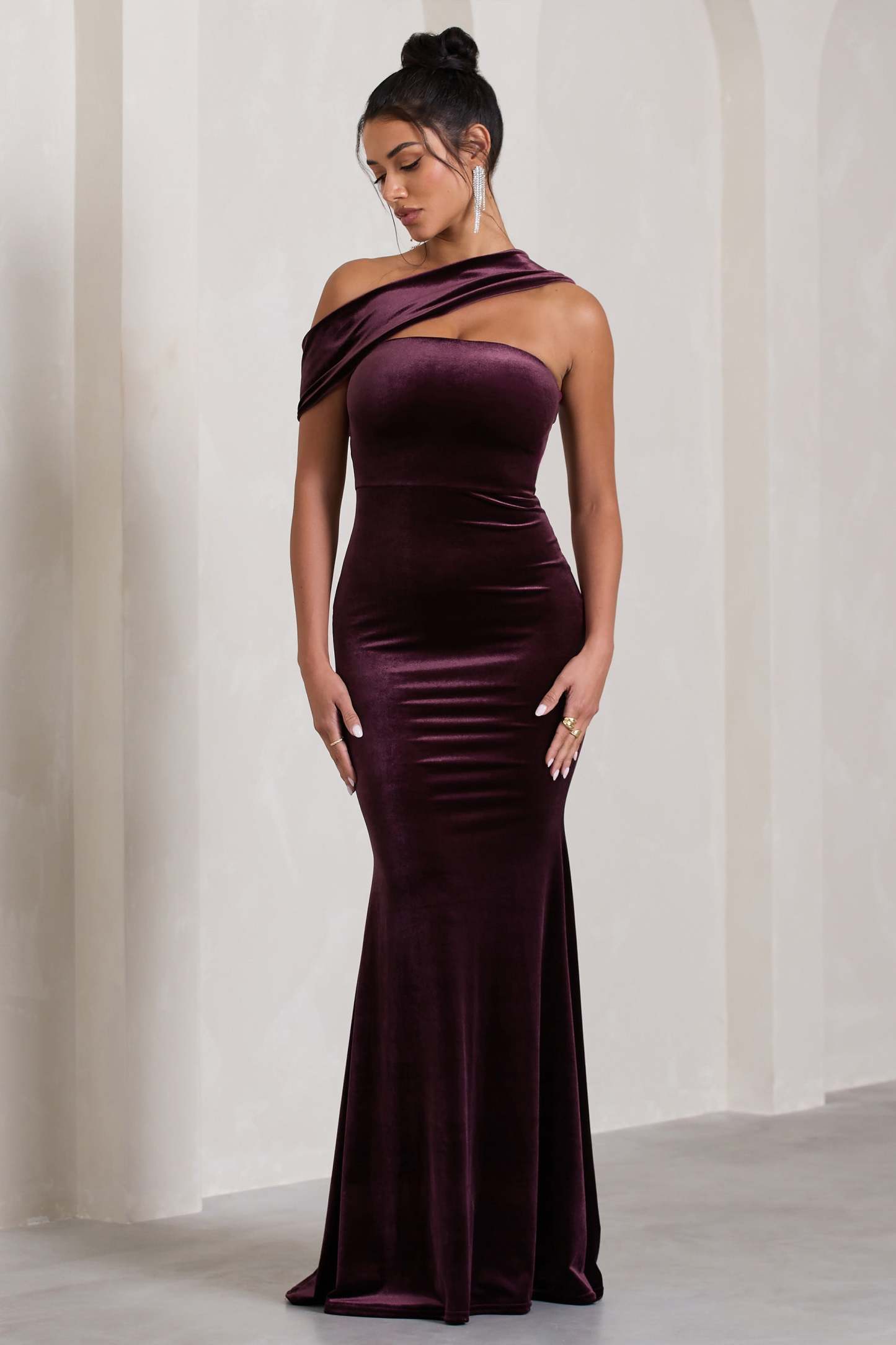 Candela Port Velvet Asymmetric Bardot Maxi Dress-Fashionmomo.All Rights Reserved