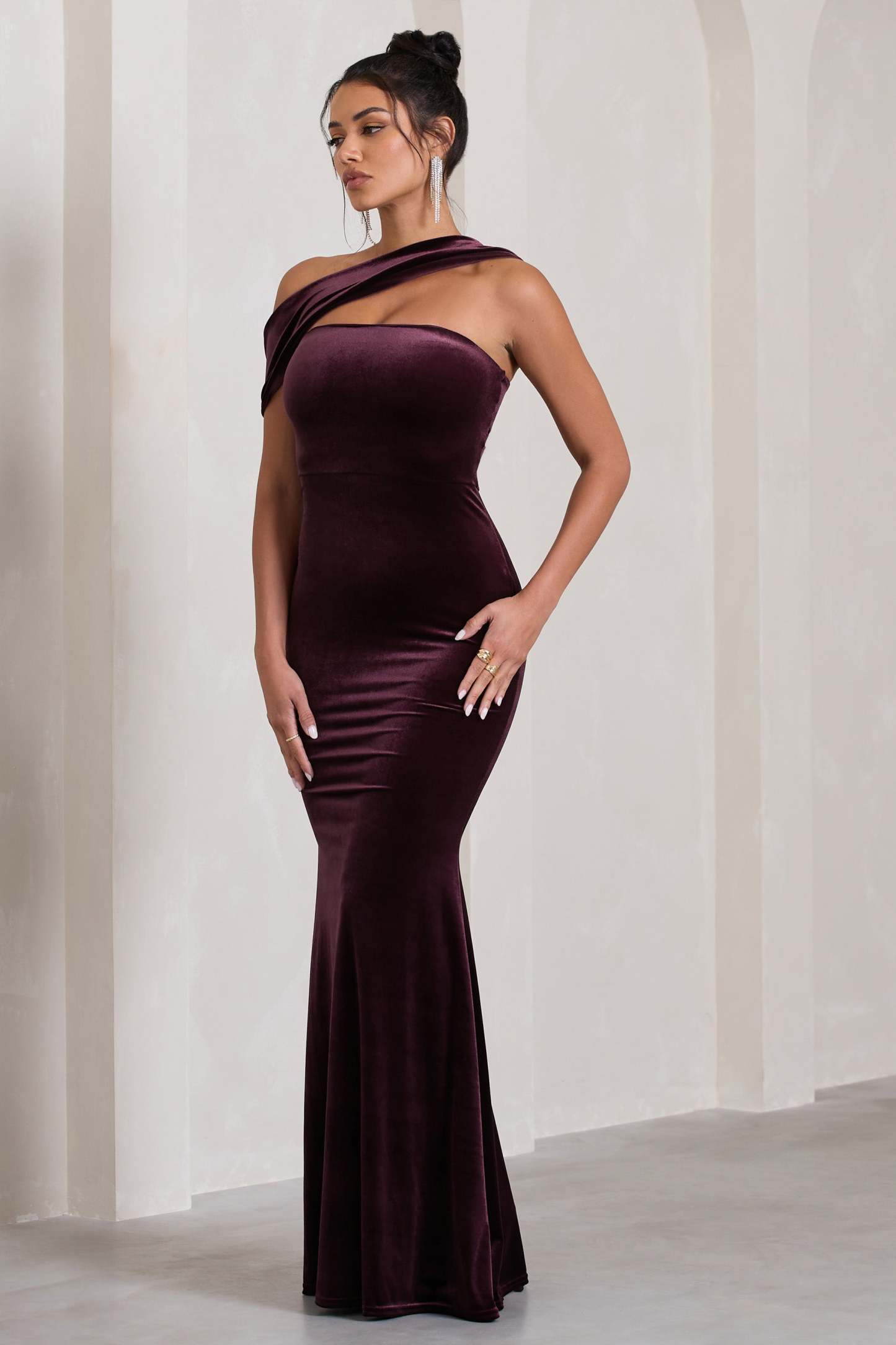 Candela Port Velvet Asymmetric Bardot Maxi Dress-Fashionmomo.All Rights Reserved