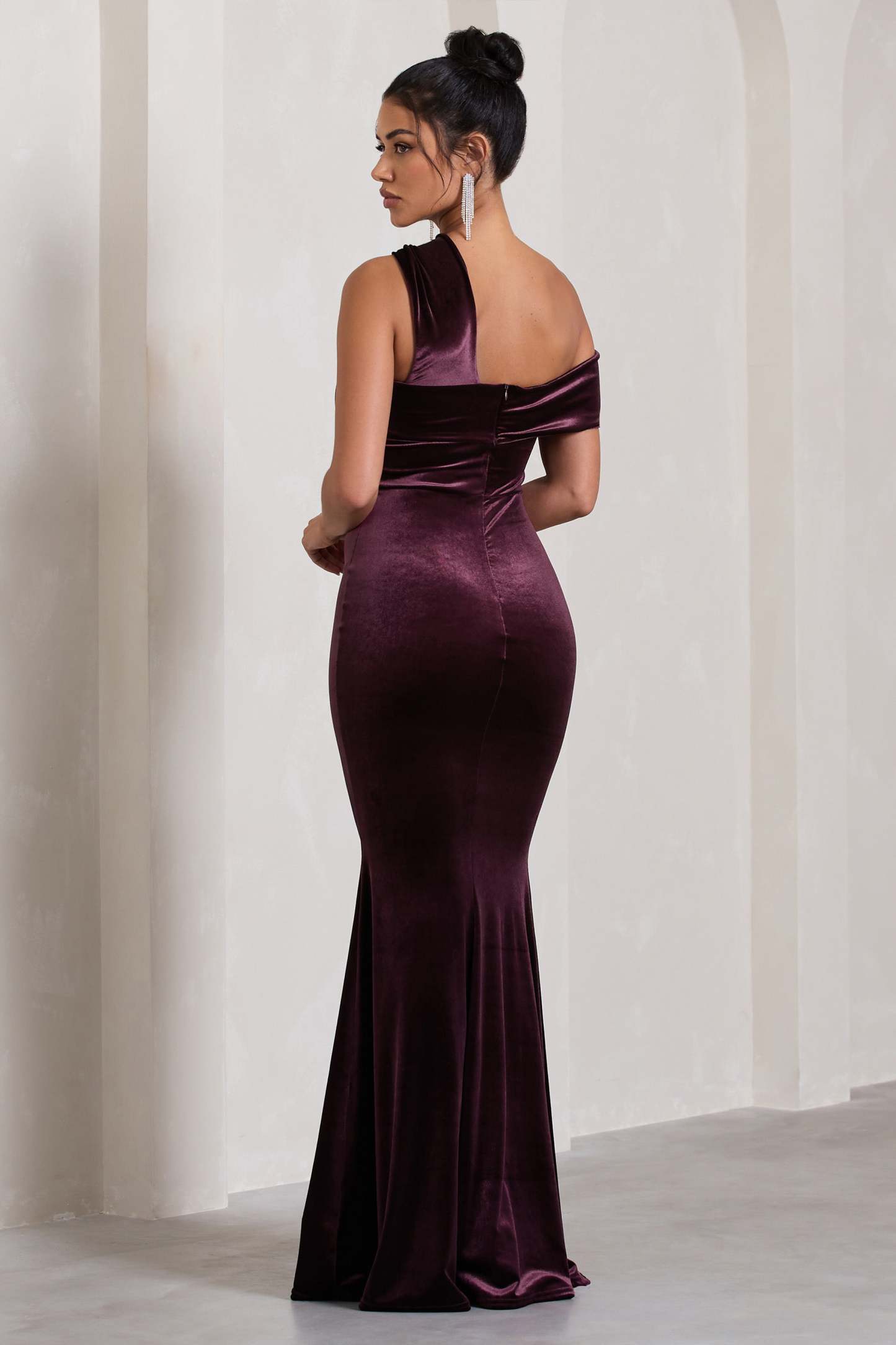 Candela Port Velvet Asymmetric Bardot Maxi Dress-Fashionmomo.All Rights Reserved