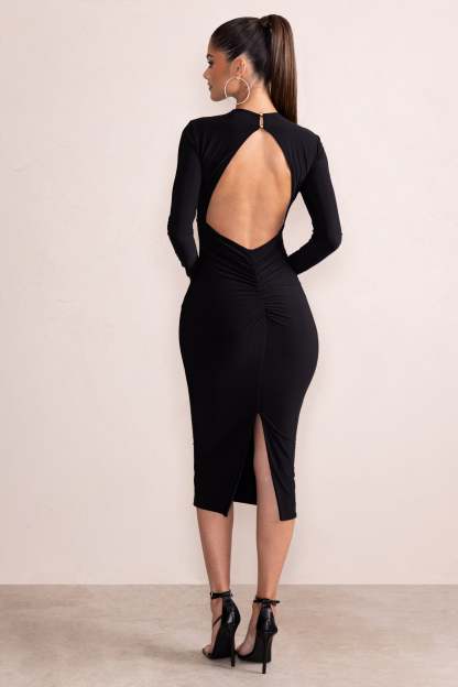 Anna Black High Neck Twist Front Bodycon Midi Dress With Long Sleeves-Fashionmomo.All Rights Reserved