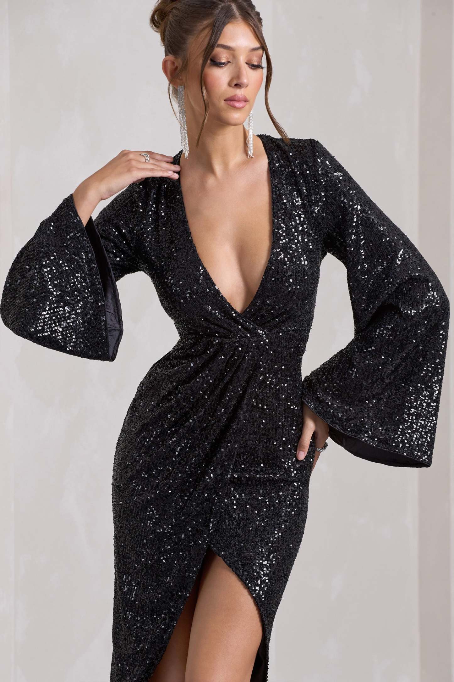 Amber Black Sequin Plunge Wrap Midi Dress-Fashionmomo.All Rights Reserved