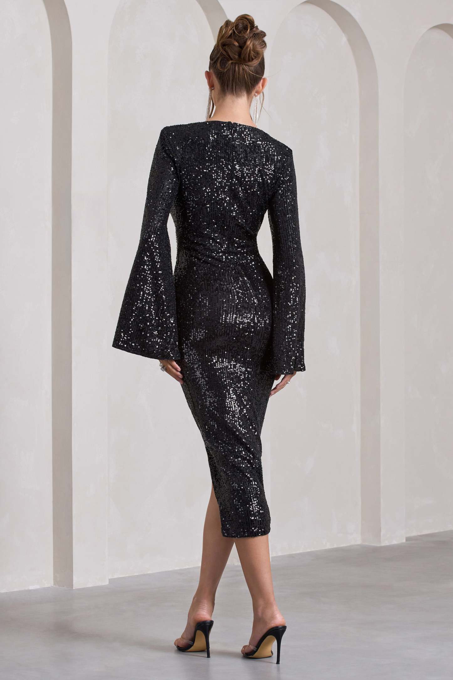 Amber Black Sequin Plunge Wrap Midi Dress-Fashionmomo.All Rights Reserved