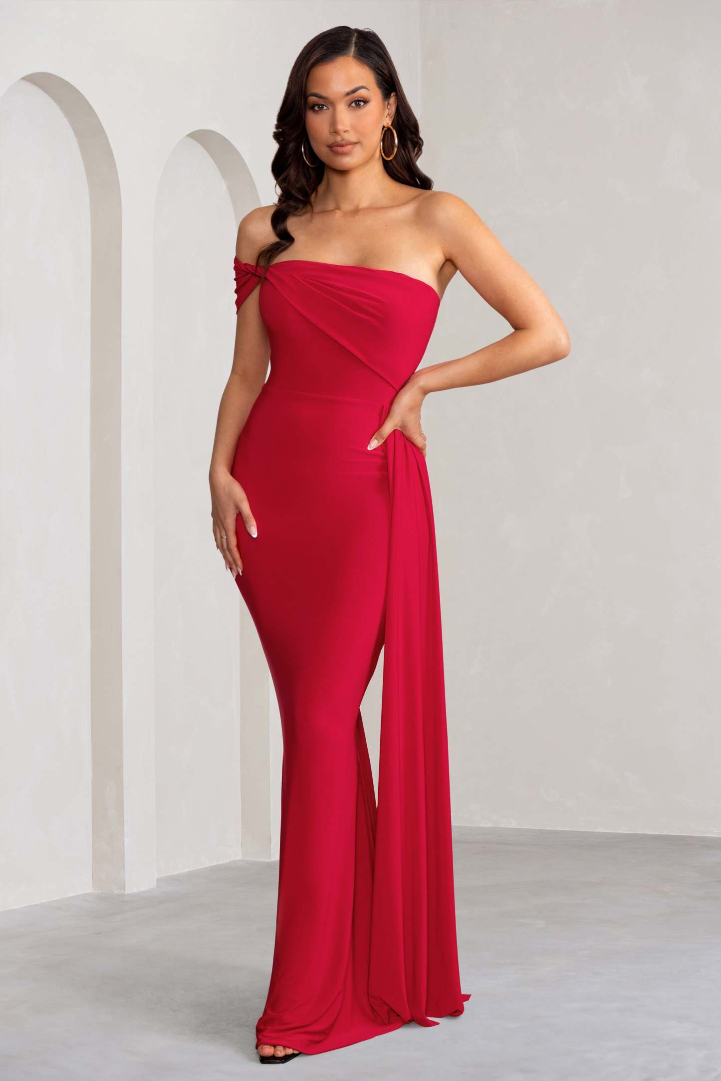 Aaliyah Red Asymmetric Bardot Maxi Dress with Drape-Fashionmomo.All Rights Reserved