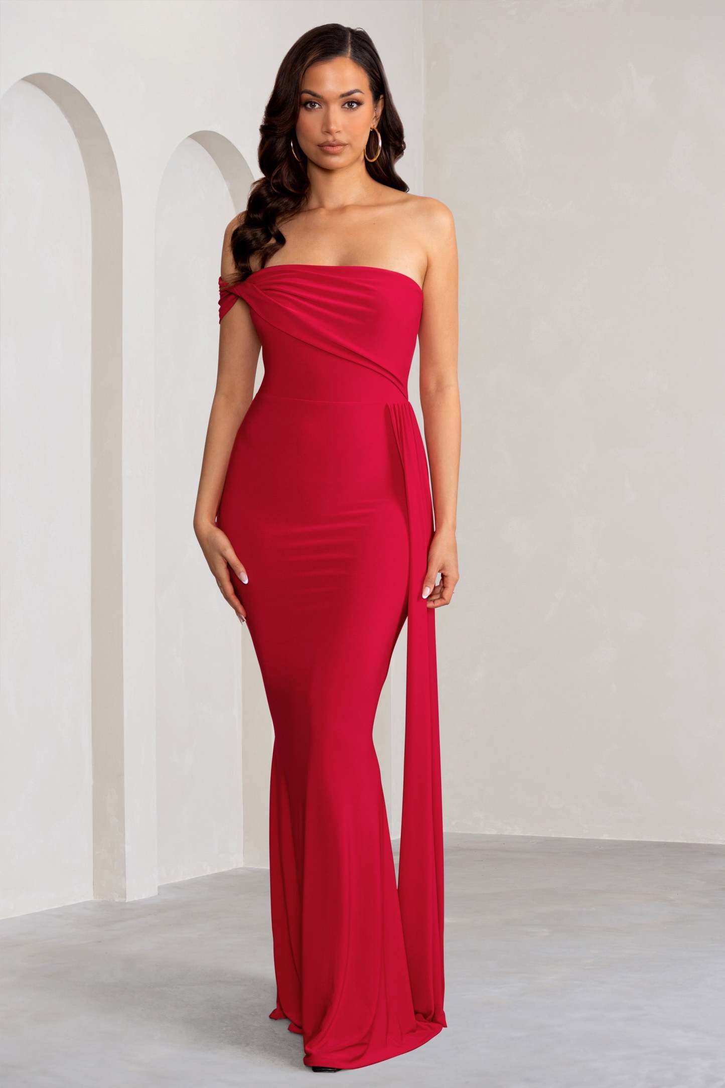 Aaliyah Red Asymmetric Bardot Maxi Dress with Drape-Fashionmomo.All Rights Reserved