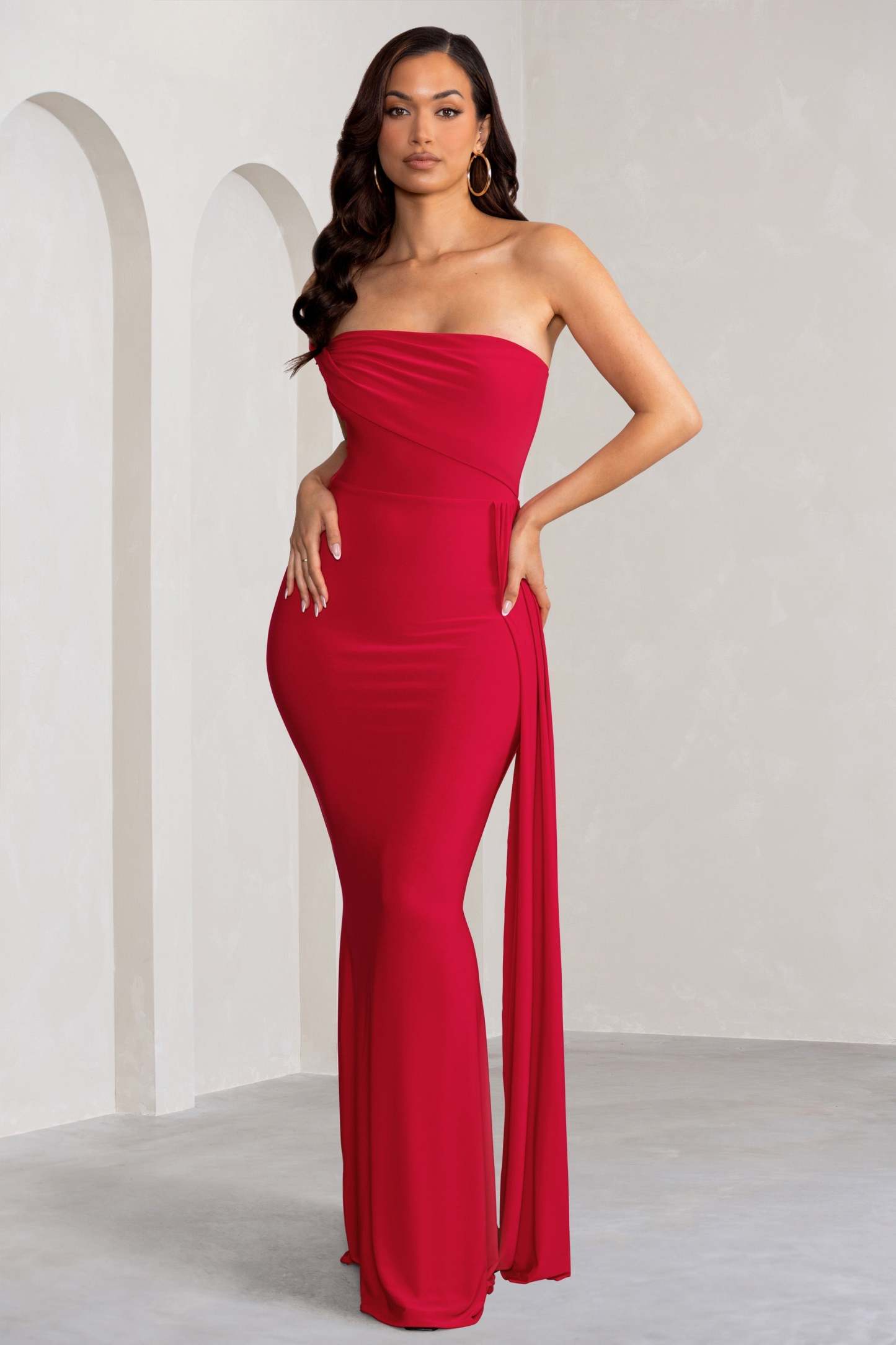 Aaliyah Red Asymmetric Bardot Maxi Dress with Drape-Fashionmomo.All Rights Reserved