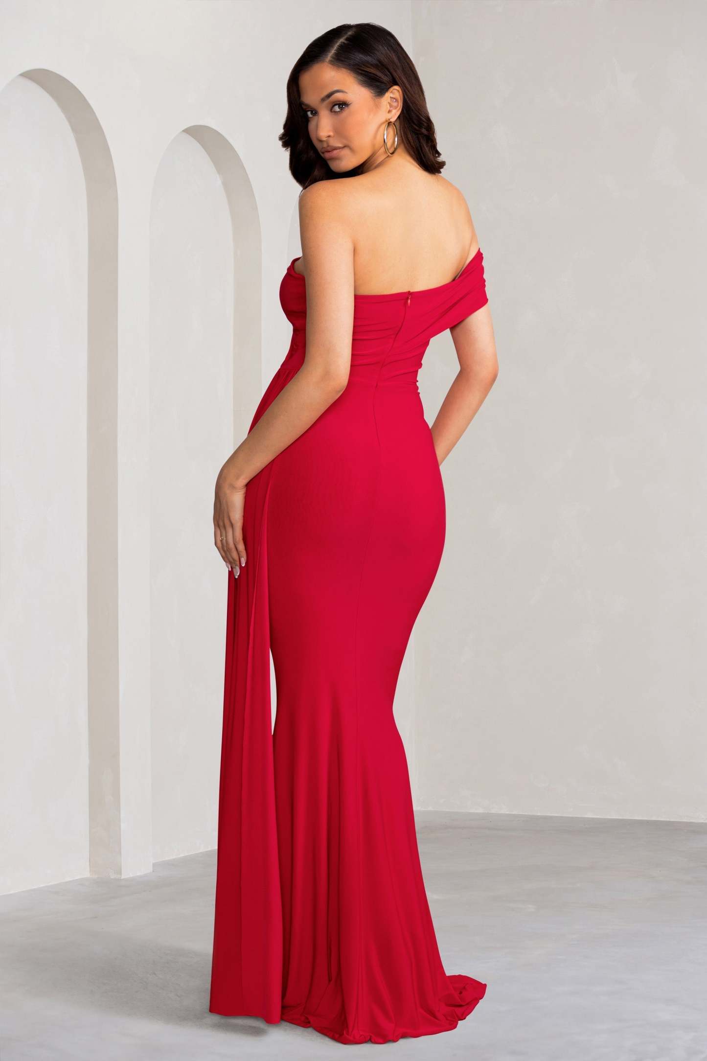 Aaliyah Red Asymmetric Bardot Maxi Dress with Drape-Fashionmomo.All Rights Reserved