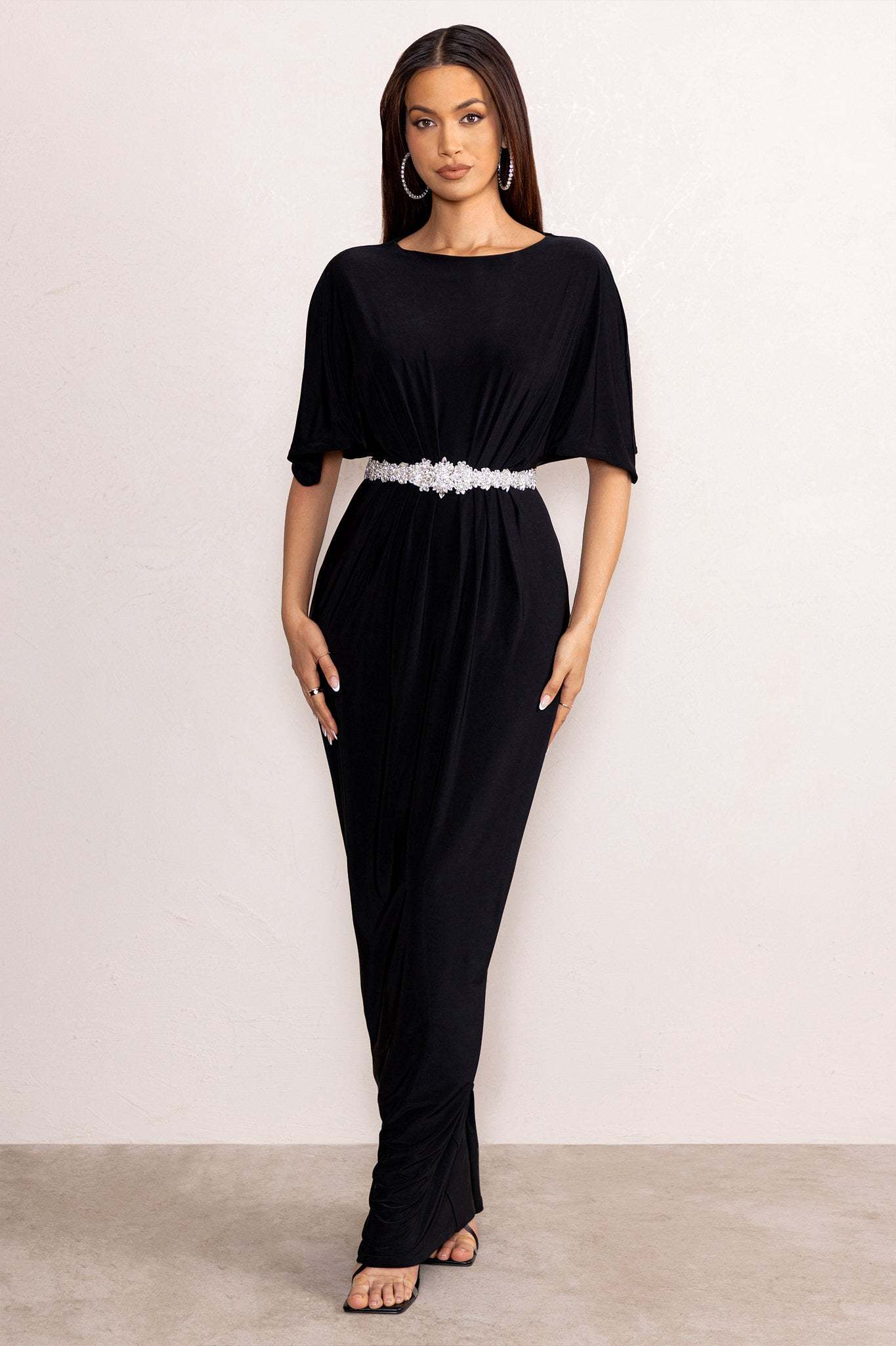 Polly Black High Neck Maxi Dress with Waist Detailing and Cape Sleeves-Fashionmomo.All Rights Reserved