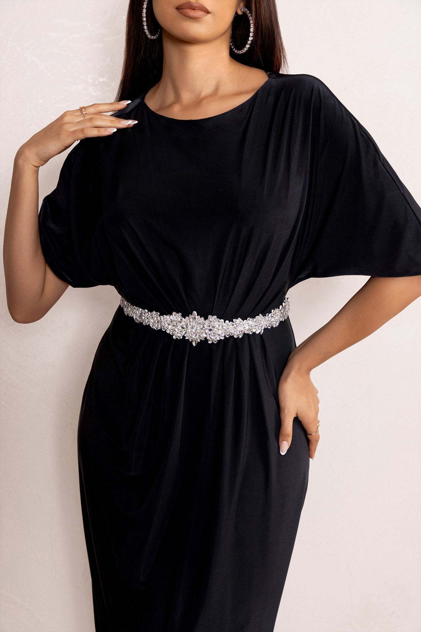 Polly Black High Neck Maxi Dress with Waist Detailing and Cape Sleeves-Fashionmomo.All Rights Reserved