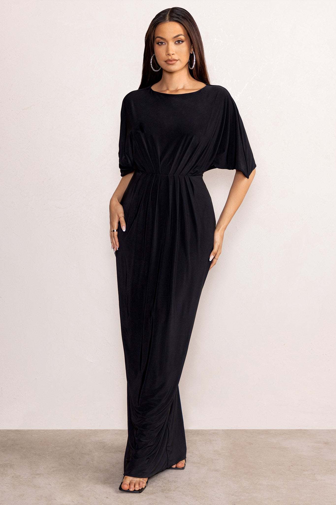 Polly Black High Neck Maxi Dress with Waist Detailing and Cape Sleeves-Fashionmomo.All Rights Reserved