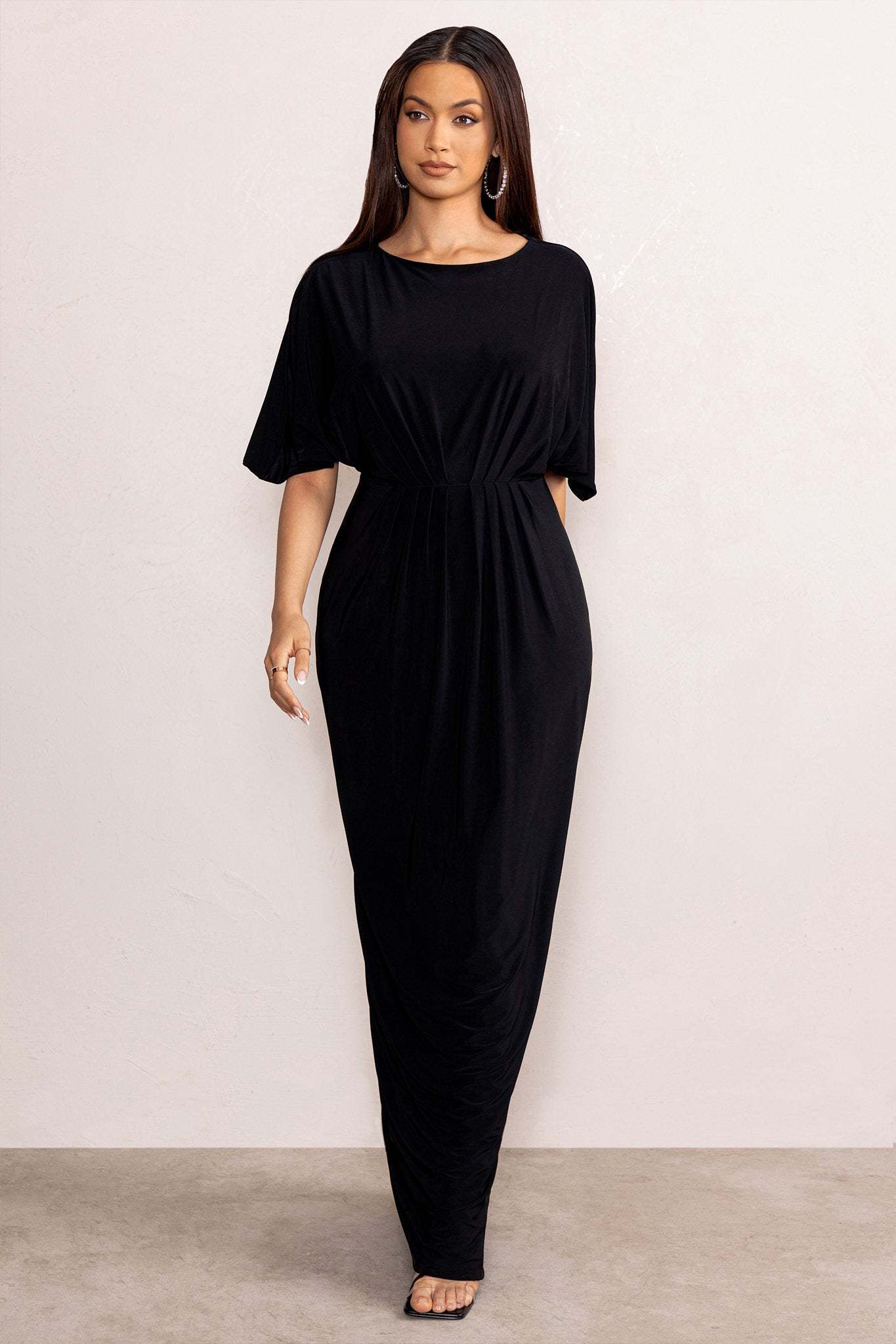 Polly Black High Neck Maxi Dress with Waist Detailing and Cape Sleeves-Fashionmomo.All Rights Reserved