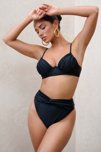 High Tide Black High Waisted Twist Front Bikini Bottoms-Fashionmomo.All Rights Reserved