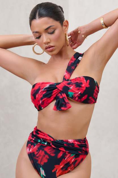 Bowline Multi Print One Shoulder Knotted Bikini Top-Fashionmomo.All Rights Reserved