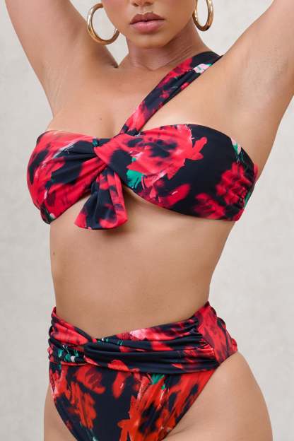 Bowline Multi Print One Shoulder Knotted Bikini Top-Fashionmomo.All Rights Reserved