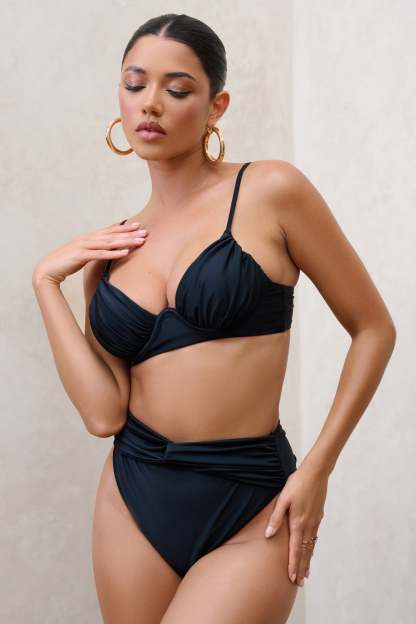 High Tide Black High Waisted Twist Front Bikini Bottoms-Fashionmomo.All Rights Reserved