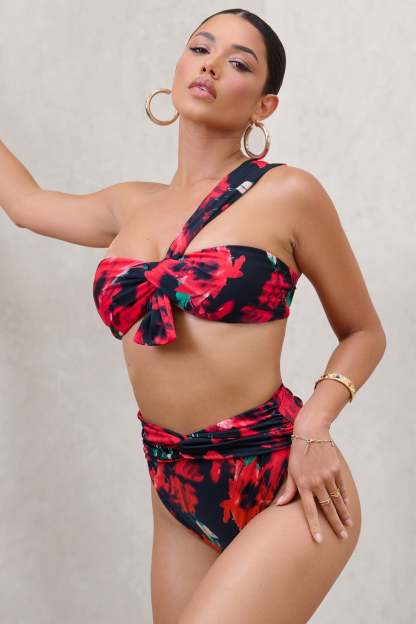 High Tide Multi Print High Waisted Twist Front Bikini Bottoms-Fashionmomo.All Rights Reserved
