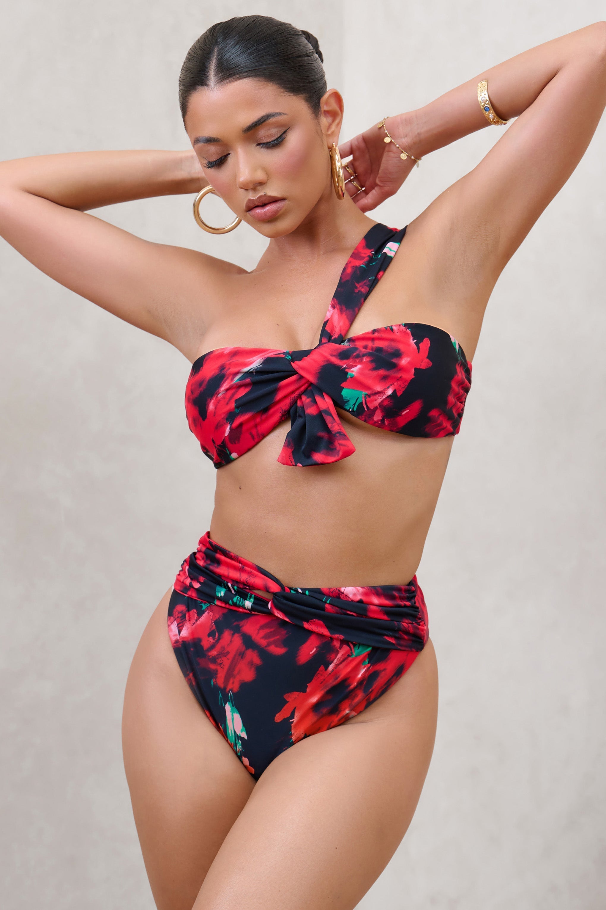 High Tide Multi Print High Waisted Twist Front Bikini Bottoms-Fashionmomo.All Rights Reserved