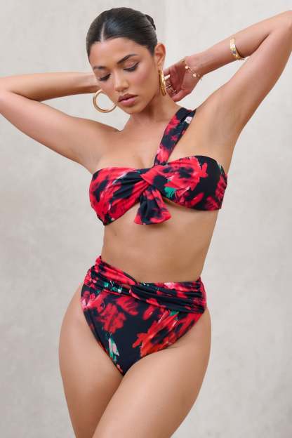 High Tide Multi Print High Waisted Twist Front Bikini Bottoms-Fashionmomo.All Rights Reserved