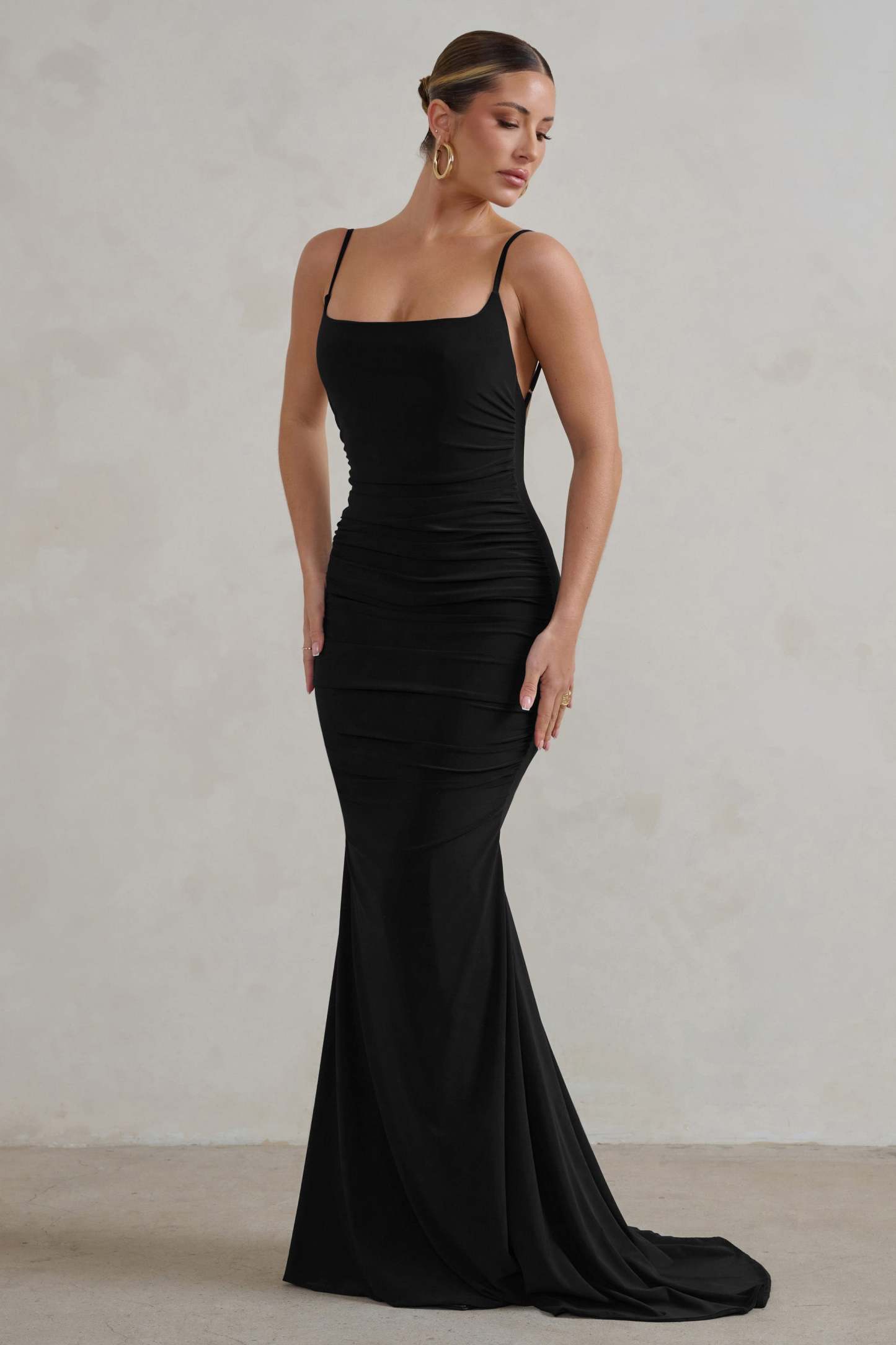 Adele Black Ruched Fishtail Cami Maxi Dress-Fashionmomo.All Rights Reserved