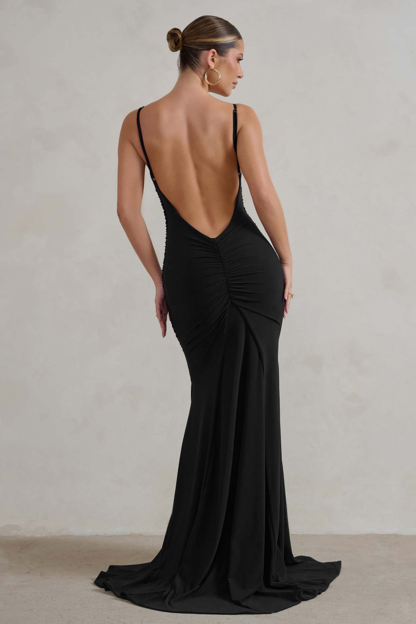 Adele Black Ruched Fishtail Cami Maxi Dress-Fashionmomo.All Rights Reserved
