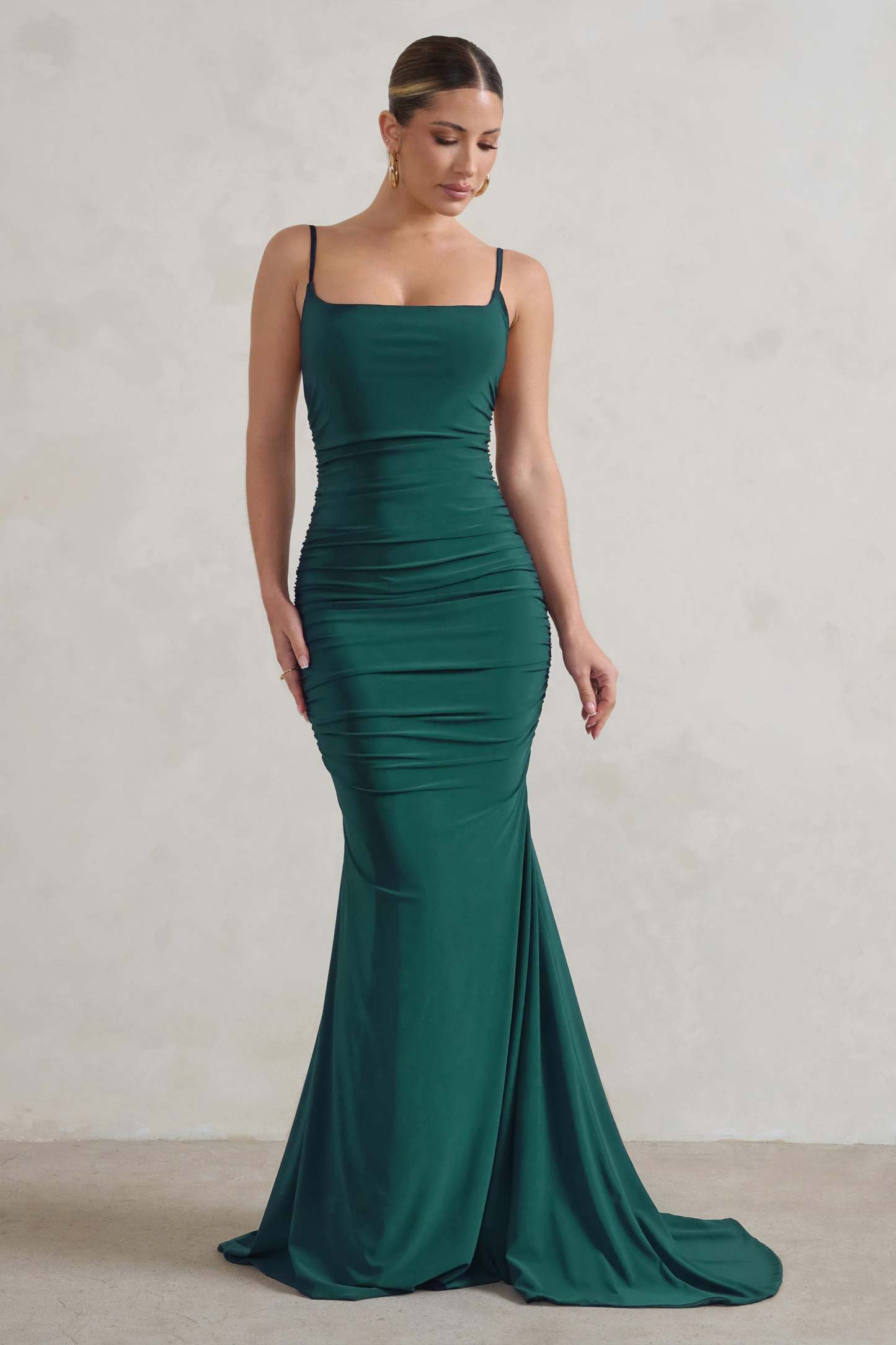 Adele Bottle Green Backless Ruched Fishtail Cami Maxi Dress-Fashionmomo.All Rights Reserved