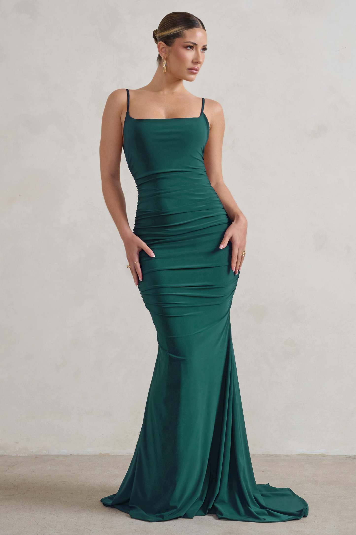Adele Bottle Green Backless Ruched Fishtail Cami Maxi Dress-Fashionmomo.All Rights Reserved
