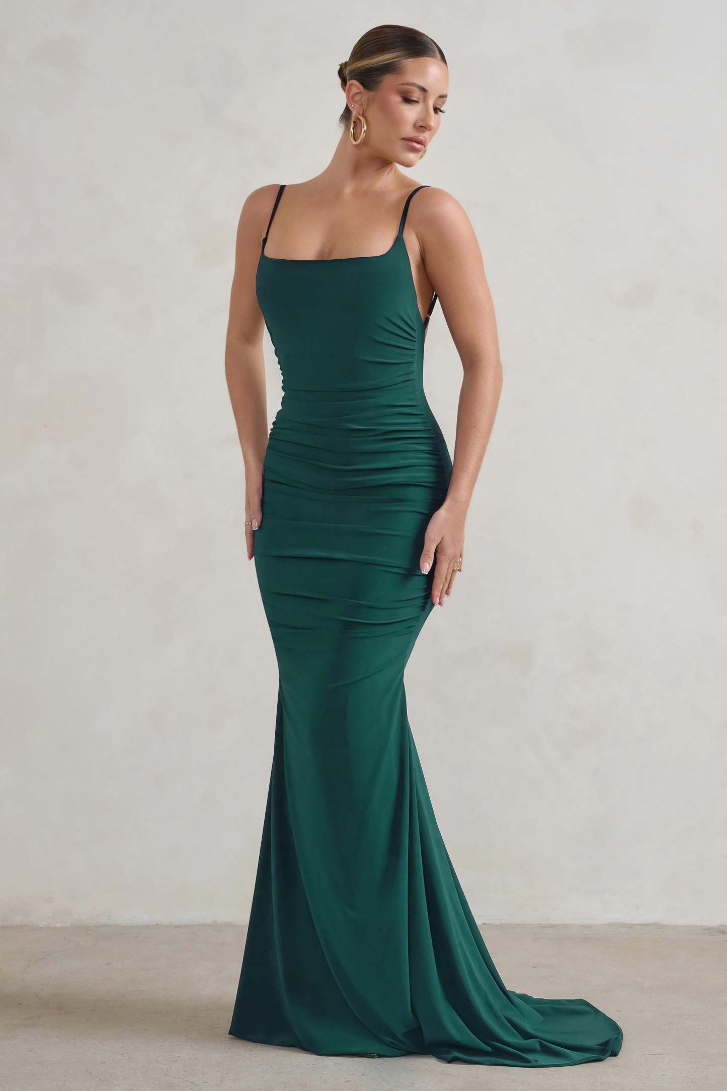 Adele Bottle Green Backless Ruched Fishtail Cami Maxi Dress-Fashionmomo.All Rights Reserved
