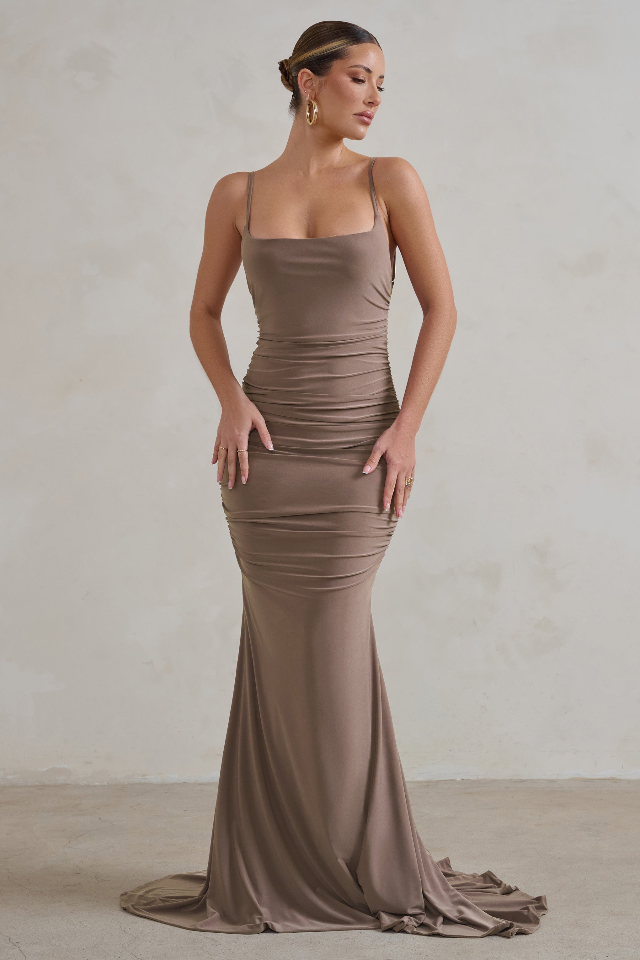Adele Mocha Backless Ruched Fishtail Cami Maxi Dress-Fashionmomo.All Rights Reserved