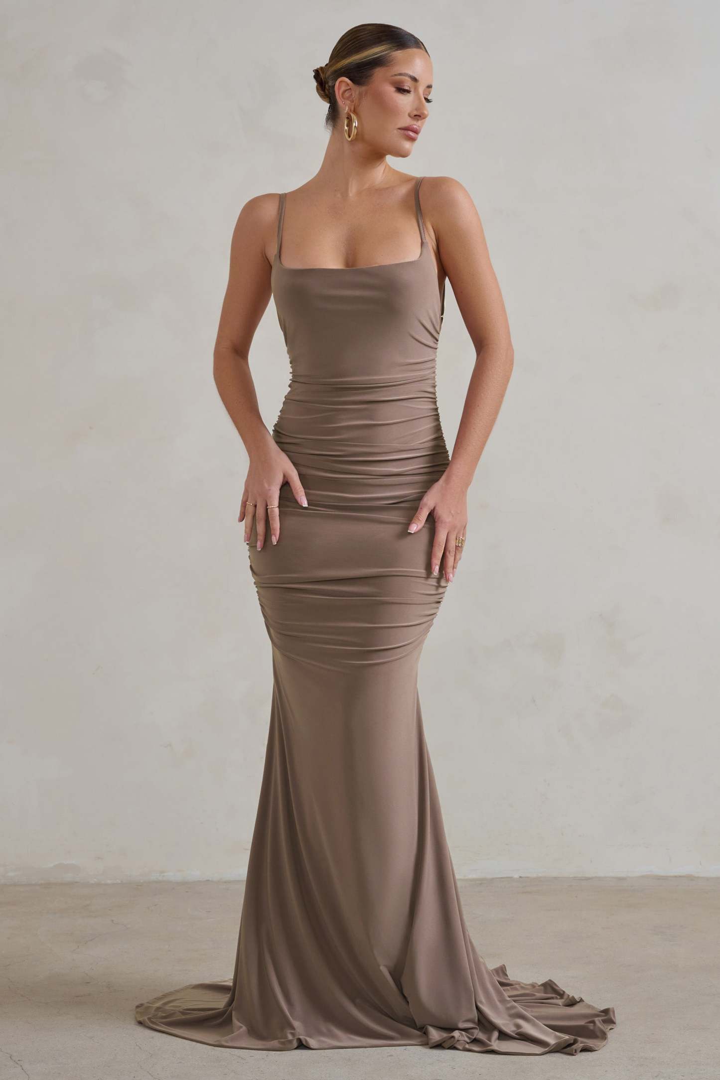 Adele Mocha Backless Ruched Fishtail Cami Maxi Dress-Fashionmomo.All Rights Reserved