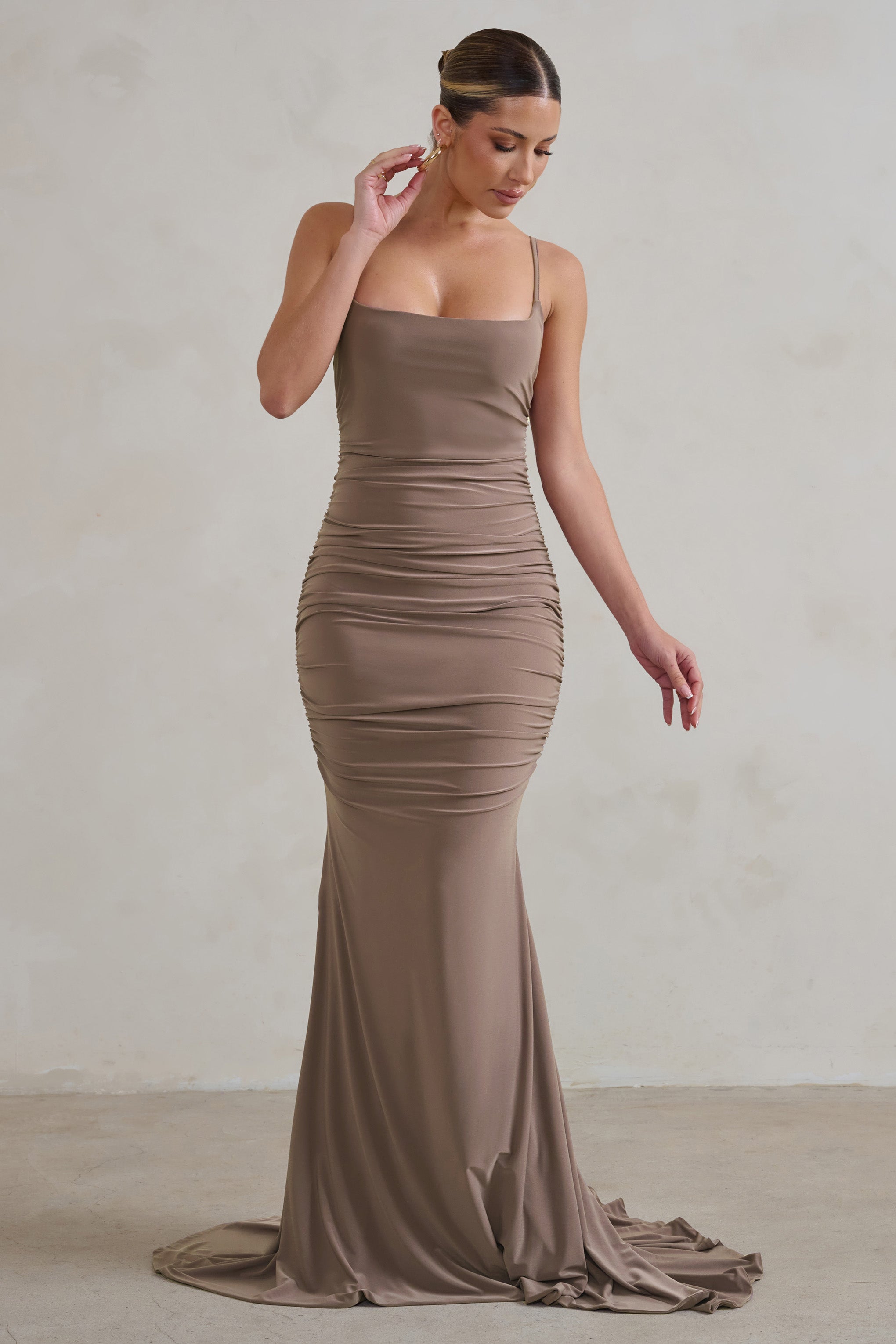 Adele Mocha Backless Ruched Fishtail Cami Maxi Dress-Fashionmomo.All Rights Reserved