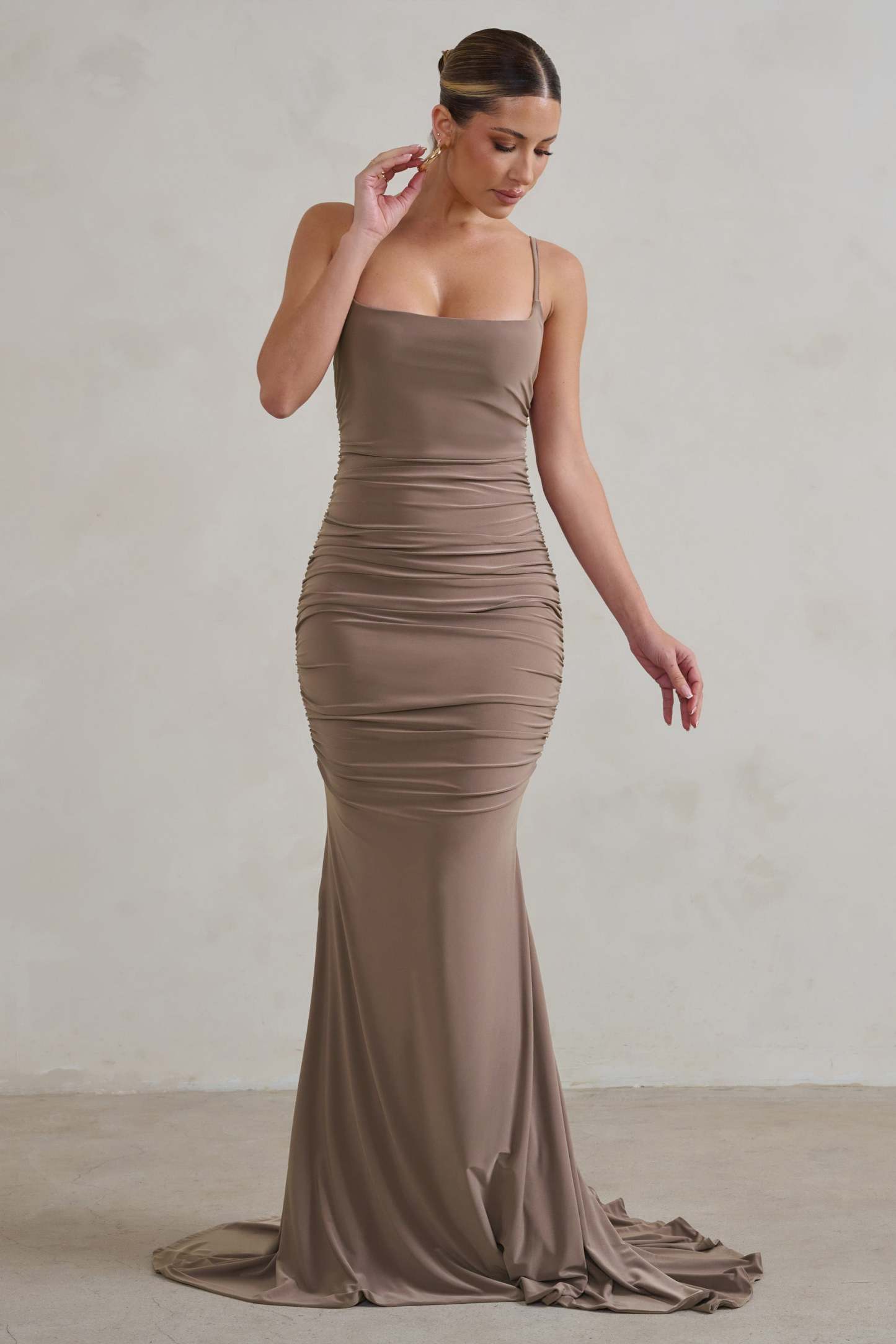 Adele Mocha Backless Ruched Fishtail Cami Maxi Dress-Fashionmomo.All Rights Reserved
