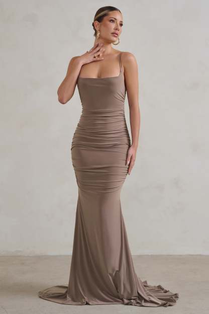 Adele Mocha Backless Ruched Fishtail Cami Maxi Dress-Fashionmomo.All Rights Reserved