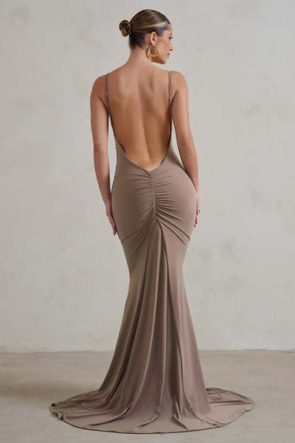 Adele Mocha Backless Ruched Fishtail Cami Maxi Dress-Fashionmomo.All Rights Reserved