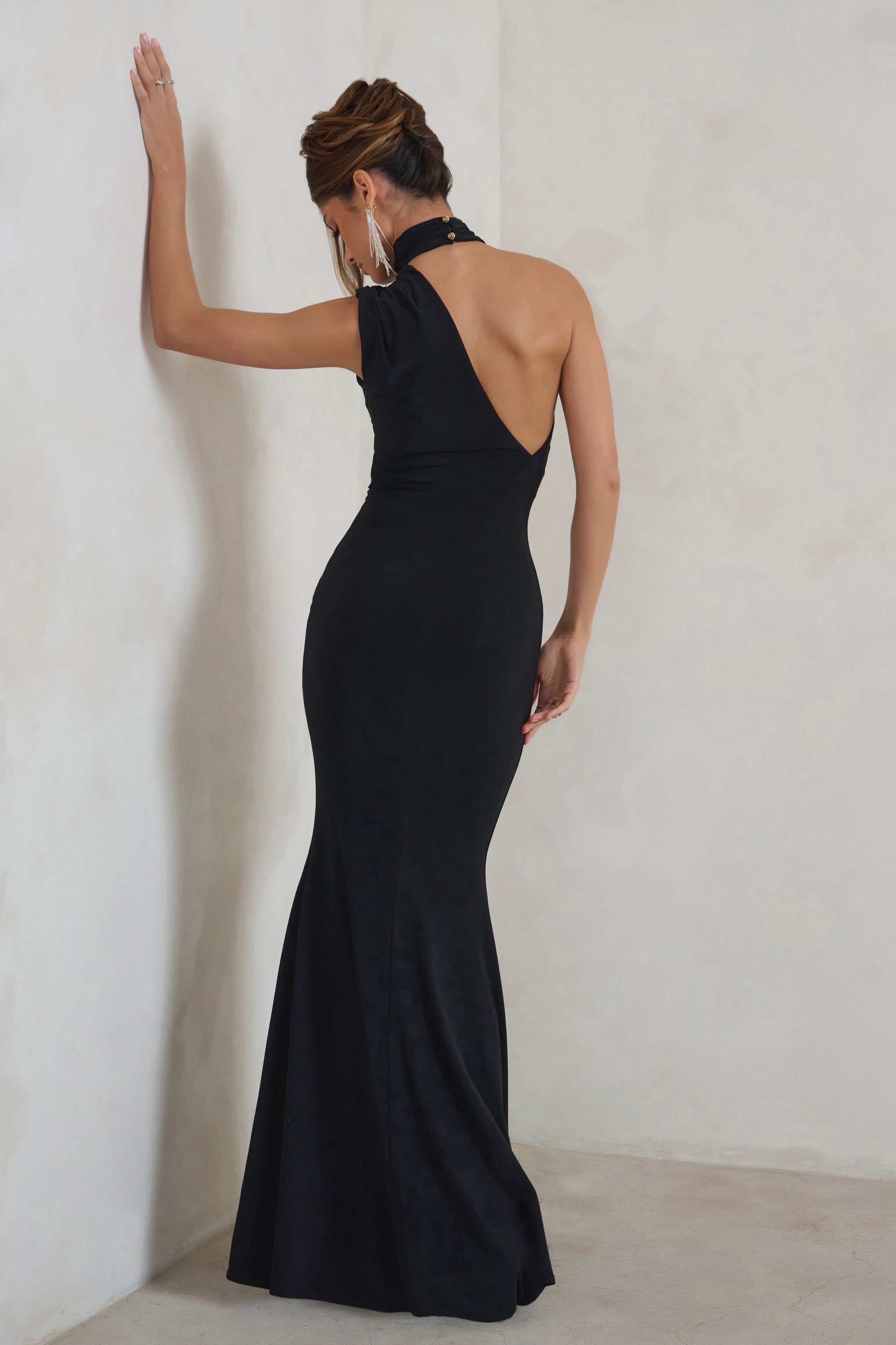 Capucine Black Asymmetric Draped Maxi Dress-Fashionmomo.All Rights Reserved