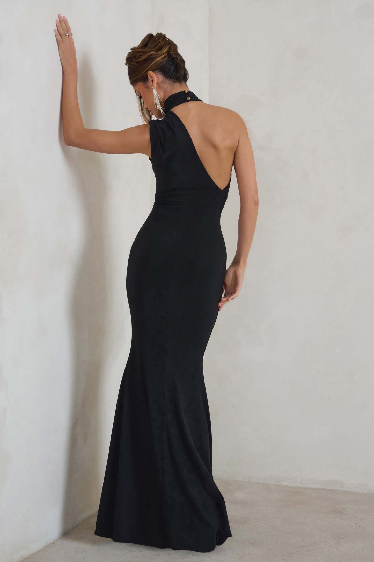 Capucine Black Asymmetric Draped Maxi Dress-Fashionmomo.All Rights Reserved